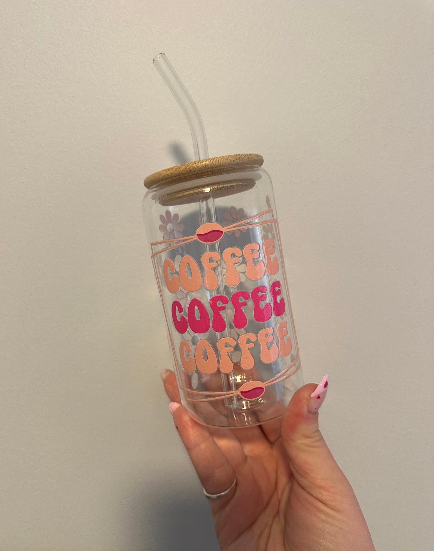 Pink Coffee Floral Glass Cup