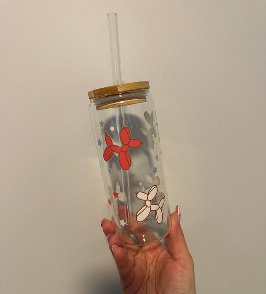 Red White & Blue Balloon Dog Glass Cup