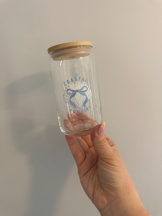 Blue bow/shell glass cup