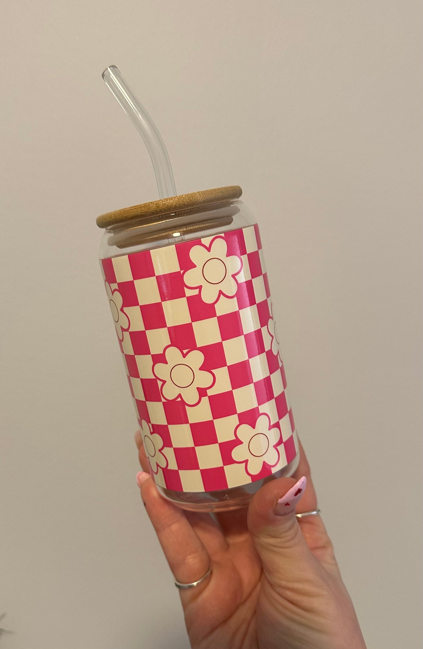 Retro Flower Checkered Glass Cup