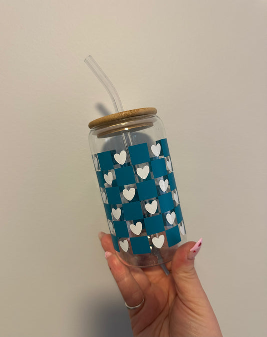 Teal Checkered Glass Cup