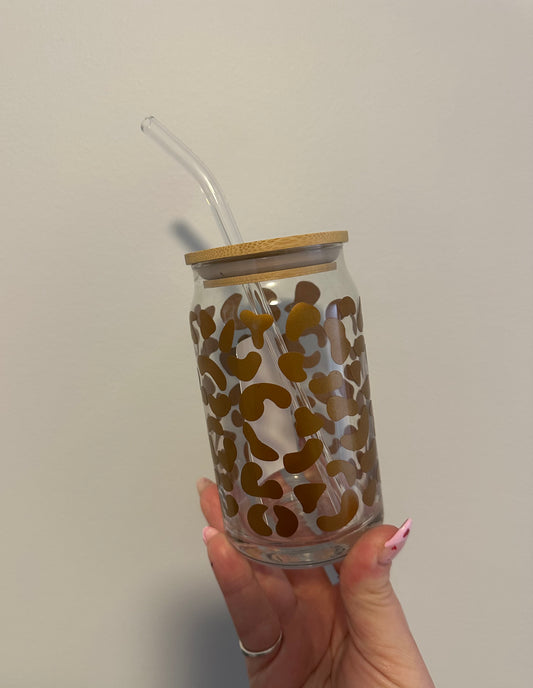 Gold Leopard Print Glass Cup