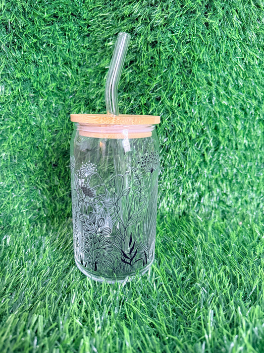 Black floral Glass Cup