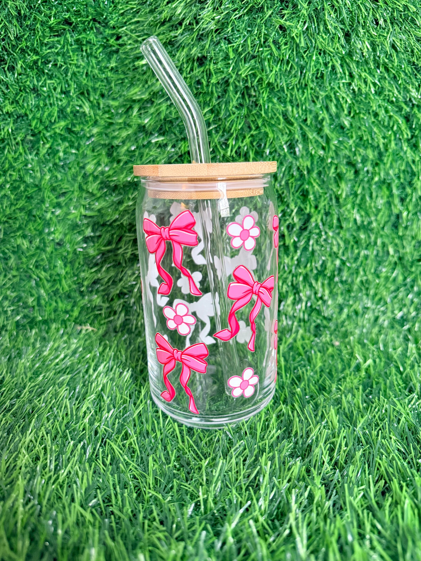 Pink Bows & Flowers Glass Cup